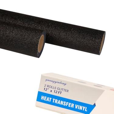 Imagem de guangyintong Rolos de vinil HTV de transferência de calor preto com glitter, 2 rolos de 30,5 cm x 3,7 m, ferro em vinil, para camisetas, glitter preto, vinil HTV para todas as máquinas de cortar