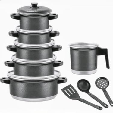 Imagem de Jogo De Panelas Preto Craqueado Kit 09 Pçs CaçarolaLeiteira Kit Talheres(Preto Craqueado)