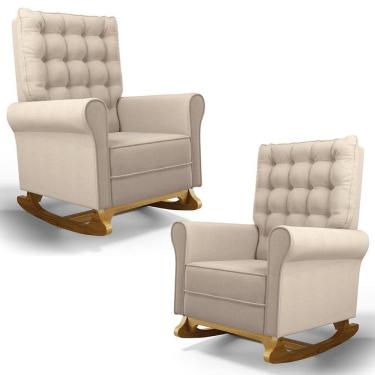 Imagem de Kit 02 Poltronas De Amamentação E Descanso Base Madeira Balanço Brenda G05 Linho Creme...