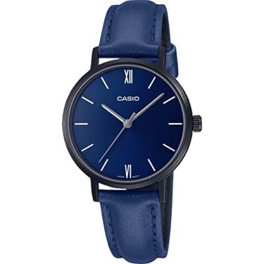 Imagem de Casio LTP-VT02BL-2A Relógio Analógico Feminino Minimalista Preto IP Mostrador Azul Pulseira de Couro com 3 Ponteiros, Relógio analógico, movimento de quartzo