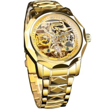 Imagem de FORSINING Relógio mecânico automático esqueleto masculino com bisel de 12 lados e engrenagens expostas e design turbilhão, pulseira exclusiva de aço inoxidável com elos de losango, relógio de pulso