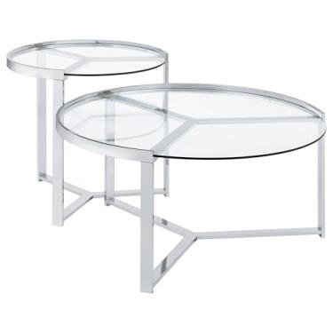 Imagem de Coaster Home Furnishings Delia Mesa de centro redonda de 2 peças com tampo de vidro transparente e cromada