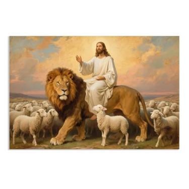 Imagem de SDYJ6GSW Arte de parede em tela Jesus e leão Jesus montando o leão cordeiro impressão catedral religiosa cristianismo imagem decoração de parede para sala de estar 30 x 20 cm (12 x 8 pol) pôster
