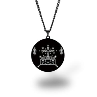 Imagem de Colar Vevê Vodu – Pingente com Símbolos dos Lwas em Aço Inoxidável (Prata, Ouro ou Preto) • Amuleto Espiritual Afro-Caribenho de Proteção, Magia e Fé (Baron Samedi, Preto)
