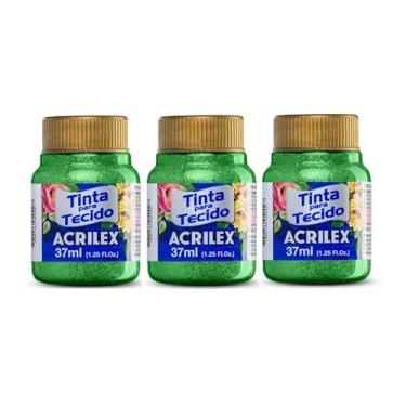 Imagem de Kit Com 3 Tintas para Tecido com Glitter Acrilex 37ml – Brilho Intenso, Alta Cobertura e Fixação a Frio para Suas Criações acabamento cintilante, alta cobertura e durabilidade superior, sendo ideais para customização de roupas, acessórios, peças decorativas e projetos artísticos em geral. (Verde 206
