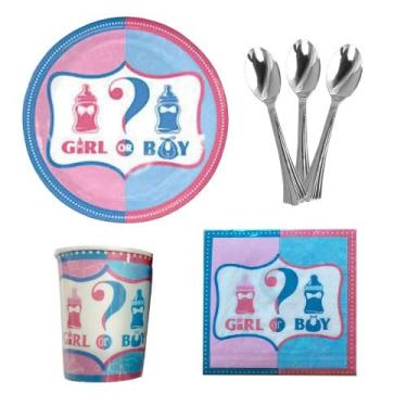 Imagem de KIT 20 Convidados Pratos Copos Colher Guardanapo Papel Chá Revelação Menina Menino Festa - UDlandia