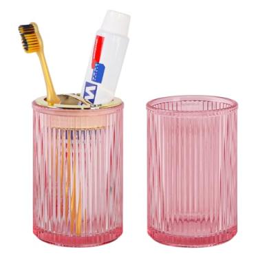 Imagem de Tonxus Suportes de escova de dentes rosa para banheiros, 2 peças de suporte de escova de dentes de vidro, copo de banheiro dourado de 340 g e copo de enxaguante bucal, copos de escova de dentes e