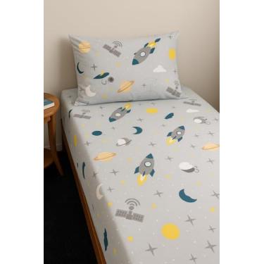 Imagem de Bira mar Baby Lençol P/Cama de Solteiro com Elástico e Fronha Micropercal Poliéster 300 Fios – Infanto Espacial