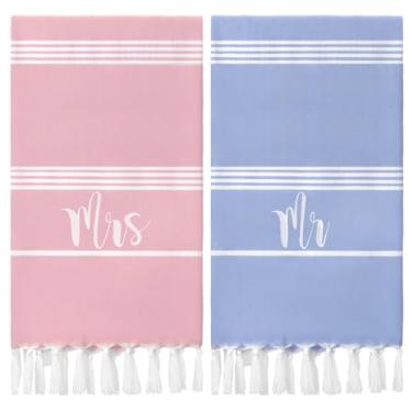 Imagem de Preboun 2 peças de toalhas de mão turcas Sr. e Sra. Toalhas de mão bordadas de casamento toalhas de mão decorativas listradas lua de mel turca casal recém-casado presente de casamento 180 x 99 cm