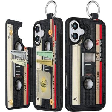 Imagem de Shorogyt Capa carteira compatível com iPhone 16 com suporte para cartão – Design bonito de fita de CD moderna com suporte para fecho magnético traseiro flip capa de telefone de couro para mulheres