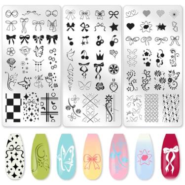 Imagem de beinkmake Conjunto de 3 peças de placas de estampagem de unhas borboleta flor cerejeira moldes de carimbo de unha ponta francesa de aço inoxidável ferramentas reutilizáveis DIY com raspador de carimbo