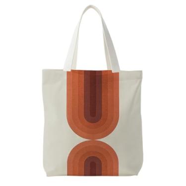 Imagem de Likjad Sacola Boho Abstrata, Sacola Boho Retrô Anos 70 Abstrata Lona para Mulheres, Meados do Século Moderno Laranja Marrom Estética Reutilizável Sacolas de Compras de Mercearia