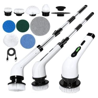 Imagem de Esfregão Elétrico Giratório 9 em 1 – Escova de Limpeza Recarregável com Cabo Ajustável, Potente e Multiuso para Banheiro, Piso, Azulejos e Mais