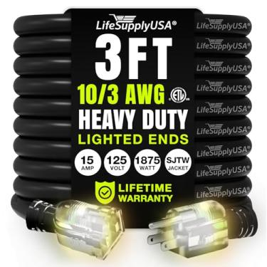 Imagem de LifeSupplyUSA - Cabo de extensão de 3 pés 10/3 SJTW com extremidade iluminada, cor preta, resistente para interiores e exteriores