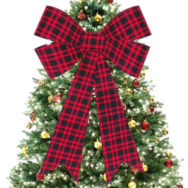 Imagem de 1 peça de laços de Natal, 22,88 x 30,48 cm, laços de Natal de veludo preto vermelho para decoração de árvore de Natal xadrez búfalo plástico decoração de festa em casa suprimentos para cerca corrimão