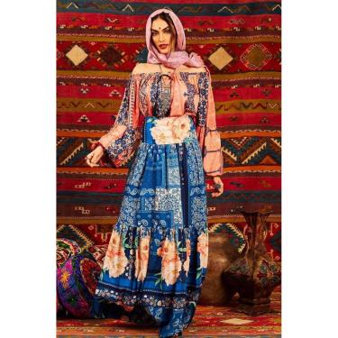 Imagem de Saia Longa De Cintura Alta Azul Estampado Yacamim G2-Feminino