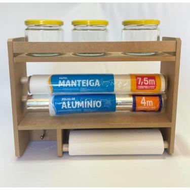 Imagem de Porta tempero cozinha organizador condimentos 3 em 1 suporte papel toalha aluminio filme madeira
