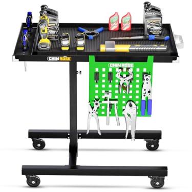 Imagem de Mesa de trabalho móvel de altura ajustável com rodas giratórias, bandeja de rodinhas para mecânicos, garagens, oficinas, armazéns, oficinas e bricolage