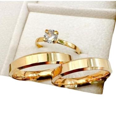 Imagem de Par Aliança e Anel Solitário 4MM Noivado Casamento compromisso 100% em moeda cor de ouro 18k (30-31,15-16)