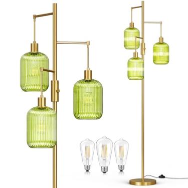 Imagem de Uyeemnt Luminária de chão de árvore dourada de 178 cm com 3 persianas de vidro nervuradas verdes - Lâmpada de pé moderna de meados do século com regulador, lâmpadas reguláveis de 2700 K incluídas para