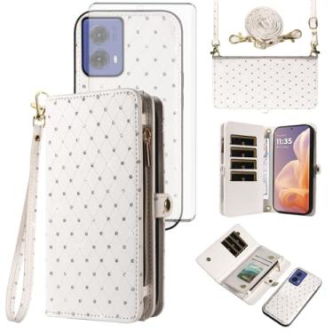 Imagem de Capa de celular para Motorola Moto G85 5G Carteira com zíper destacável com protetor de tela de vidro temperado, alça transversal com cordão com glitter, compartimento para cartão MotoG85, mulheres