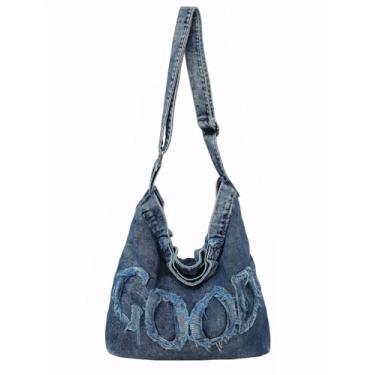 Imagem de YANPLS Bolsa jeans Hobo feminina grande casual transversal bolsa de ombro jeans, Azul 2, Large