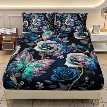 Imagem de AILONEN Jogo de lençol casal floral rosa, borboleta colorida para crianças, adolescentes, meninas, mulheres, 1 lençol com elástico + 2 fronhas, 3 peças