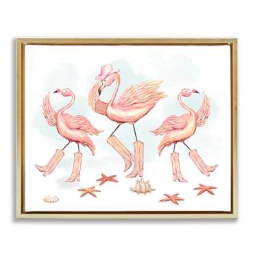 Imagem de Stupell Industries Arte de parede em tela flutuante com moldura dourada de flamingos caubói dançante por Ziwei Li, 25 x 31