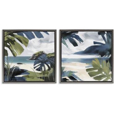 Imagem de Stupell Industries Conjunto de 2 peças de tela flutuante emoldurada cinza tropical Vibes Beach Scenes por Elara Yasna, 45,7 x 45,7 cm