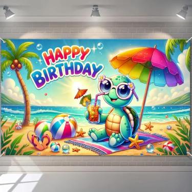 Imagem de BlissYard Faixa de feliz aniversário, praia, tartaruga, decoração de verão, design divertido, pano de fundo, fofo, tartaruga, palmeiras, 180 x 109 cm, para crianças, adultos, fotografia, plano de