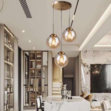 Imagem de Lâmpada Suspensa Industrial E27 Escadas 3-luzes Luminária Pendente Luz Metal Com Abajur De Globo De Vidro Luzes Retro Teto Luzes Penduradas Sala De Jantar Cozinha Ilha Lustre, Orange