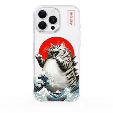 Imagem de FEWGEY Capa de telefone transparente para iPhone 16 Pro Max compatível com Magsafe, gato Godzilla engraçado anime japonês design onda Catzilla à prova de choque proteção resistente para homens