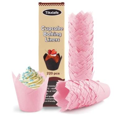 Imagem de 220 peças de forros de cupcake de tulipa para copos de cozimento, embalagens de cupcake à prova de gordura em tamanho padrão, forros de muffin de tulipa de papel manteiga, rosa