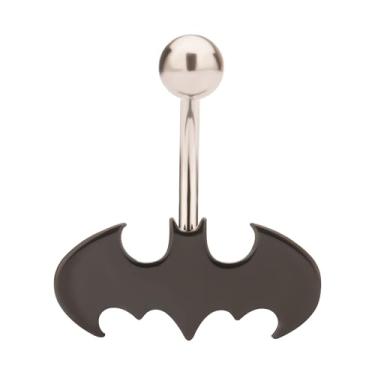 Imagem de DC Comics Piercing de umbigo cirúrgico 316L unissex oficialmente licenciado com logotipo do Batman recortado em aço inoxidável com símbolo fixo preto do batman na parte inferior., One Size, Aço inoxidável