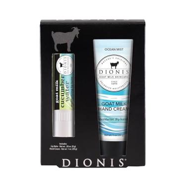 Imagem de Dionis Conjunto de creme para as mãos e protetor labial com leite de cabra – Seguro para peles sensíveis, hidrata, suaviza lábios e pele rachados secos, sem crueldade, névoa do oceano e água de pepino