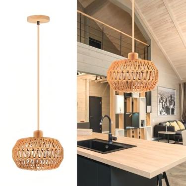 Imagem de Hinio Luminária pendente boêmia 32 cm de vime | Feito à mão, design ajustável em altura perfeito para sala de estar, cozinha, fazenda, corredor, sala de jantar e quarto