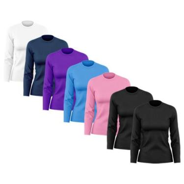 Imagem de Kit 7 Camisetas Feminina Manga Longa Dry Fit Básica Lisa Proteção Sola