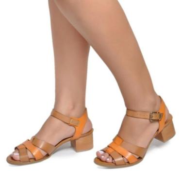 Imagem de Sandália Em Couro Legítimo Salto Quadrado - Folha D Couro, Whisky, Car