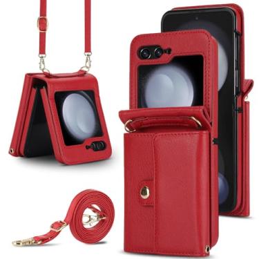 Imagem de Capa de couro com alça de pulso crossbody com suporte de cartão para Samsung Galaxy Z Flip 6 5 4 3 Flip6 Flip5 Flip4 Flip3 Capa carteira, vermelha, para Galaxy Z Flip3