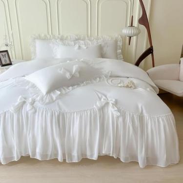 Imagem de Conjunto de roupa de cama SOUKECHY Ruffled Bow, capa de edredom branca
