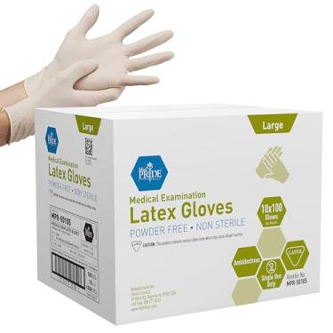Imagem de MED PRIDE Luvas descartáveis de látex para exames de grau médico, em pó, resistentes a perfurações, ajuste confortável (pequeno/1000 branco)