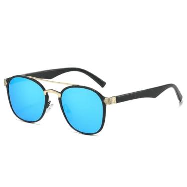 Imagem de HCHES Óculos de sol de luxo femininos com ponte dupla, retrô, masculino, gradiente, espelhado, uv400 (espelho preto e azul)