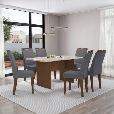Imagem de Mesa Cairo 160x90cm Tampo Mdf e Vidro com 6 Cadeiras Evora Freijó/Cinza/Off White
