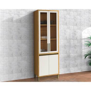 Imagem de Cristaleira de Cozinha Tempranillo c/ 4 Portas (2 c/ Vidro Canelado) 70x230cm Amendoa/Off White - Ronipa
