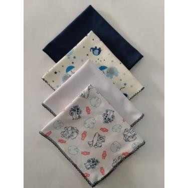 Imagem de Kit 4 Fraldas Bebê Malha 30x32 2 Estampadas e 2 Lisas Cor Marinho - An