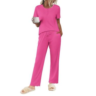 Imagem de Conjunto de pijama Ekouaer para mulheres de manga curta com botões