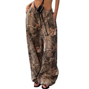 Imagem de Calça de moletom feminina Eutten, perna larga, leopardo, cintura alta,