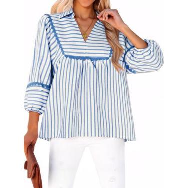 Imagem de Camisa feminina Tankaneo listrada Babydoll com decote em V, manga 3/4,