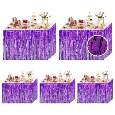 Imagem de Ohiyoo Pacote com 5 saias de mesa com franjas roxas 73 x 273 cm de folha metálica com franjas cortinas de estanho e flâmula pano de fundo desfile flutua aniversário Halloween decoração de festa de