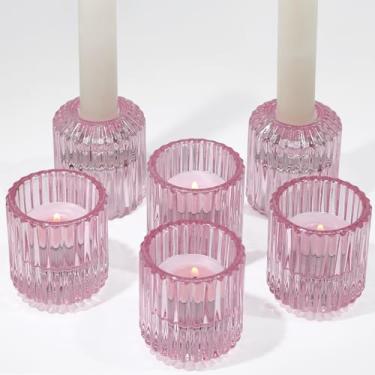 Imagem de Vixdonos Castiçal de vidro canelado com 6 castiçais votivos Tealight para centros de mesa, festa, casamento e decoração de casa
